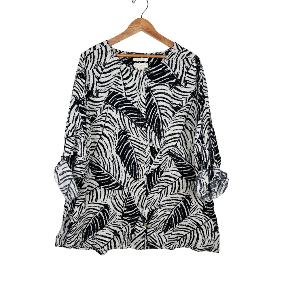 Cynthia Rowley Womens 1X Linen Palm Leaf Button Down Shirt Black White Tropical